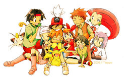  4girls 5boys artist_name bandana baseball_cap beanie blue_eyes blue_hair brown_hair closed_eyes dated dawn_(pokemon) everyone glasses gloves green_eyes grin hat headband hug james_(pokemon) jessie_(pokemon) kasumi_(pokemon) long_hair max_(pokemon) may_(pokemon) meowth multiple_boys multiple_girls on_head one_eye_closed open_mouth orange_hair pikachu pokemon pokemon_(anime) pokemon_(classic_anime) pokemon_(creature) pokemon_dppt_(anime) pokemon_on_head pokemon_rse_(anime) poketch ponytail red_hair satoshi_(pokemon) shorts siblings side_ponytail simple_background smile team_rocket team_rocket_uniform teppo togetic tracey_sketchit uniform watch white_background wristwatch 