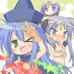  3girls alena_(dq4) alena_(dq4)_(cosplay) blue_eyes blue_hair blush buntan circlet commentary_request cosplay crossed_arms dragon_quest dragon_quest_iv earrings gloves green_eyes hat hiiragi_kagami hiiragi_tsukasa izumi_konata jewelry long_hair lucky_star manya_(dq4) manya_(dq4)_(cosplay) minea_(dq4) minea_(dq4)_(cosplay) multiple_girls one_eye_closed purple_hair sweatdrop twintails v 