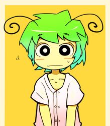  antennae blush_stickers commentary_request dress_shirt female green_hair messy_hair shirt short_hair smile solo sweatdrop touhou ugif wriggle_nightbug 