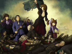  6+boys 6+girls ascot bow bowtie candy commentary_request fine_art_parody flag food glasses gold gouda_toshirou gun hime_cut kanon_(umineko) liberty_leading_the_people lollipop long_hair multiple_boys multiple_girls necktie parody photoshop_(medium) ronoue_genji shannon_(umineko) shaped_lollipop tomw umineko_no_naku_koro_ni ushiromiya_battler ushiromiya_eva ushiromiya_george ushiromiya_jessica ushiromiya_krauss ushiromiya_kyrie ushiromiya_maria ushiromiya_natsuhi ushiromiya_rosa ushiromiya_rudolf weapon 