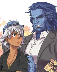  1boy animification beast_(x-men) black_eyes blue_hair blue_skin colored_skin dark_skin female flower headpat lowres marvel ryuuki_garyuu short_hair storm_(x-men) very_dark_skin white_hair x-men 