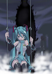  2girls aqua_eyes aqua_hair dark dennou_coil detached_sleeves ghost hands hatsune_miku hirabaru_kenji long_hair michiko_(dennou_coil) multiple_girls necktie panties photoshop_(medium) sitting skirt striped_clothes striped_panties swing thighhighs twintails underwear very_long_hair vocaloid zettai_ryouiki 