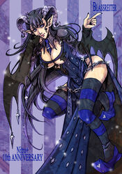  aged_up black_hair blassreiter blue_eyes breasts chains cleavage commentary_request cross demon dress elea female horns kusakabe_sao large_breasts long_hair necktie photoshop_(medium) pointy_ears solo striped_clothes striped_thighhighs thighhighs 