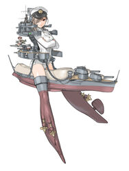  aircraft airplane bad_id bad_pixiv_id battleship boat chains crossed_arms female giant giantess grey_hair hair_over_one_eye hat imperial_japanese_navy kongou_(battleship) mecha_musume military military_vehicle mini_person minigirl original peaked_cap red_eyes sano_toshihide ship simple_background solo straddling thighhighs uniform warship watercraft 