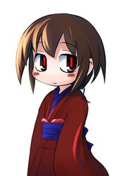  blush brown_hair commentary_request female japanese_clothes kimono kurame kusari_hime:_euthanasia long_sleeves red_eyes red_kimono sash short_hair simple_background solo ugif upper_body white_background 