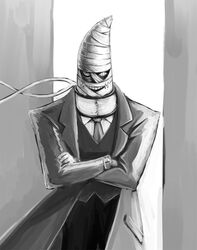  1boy bandages coat commentary_request crossed_arms greyscale grin kusaba_(kusabashiki) male_focus monochrome neck_brace necktie photoshop_(medium) schwarzwald smile solo the_big_o 