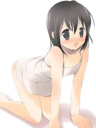  all_fours bad_id bad_pixiv_id black_eyes black_hair blush bottomless dress female flat_chest no_panties original short_hair solo uya_(munyu) white_background 