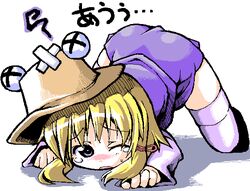  all_fours blonde_hair blue_eyes blush commentary_request female hat meta&#039;36 moriya_suwako oekaki one_eye_closed solo tears thighhighs top-down_bottom-up touhou x_x 