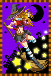  adapted_costume bad_id bad_pixiv_id belt blonde_hair boots bow broom candy crop_top female food grin halloween highres kirisame_marisa lollipop midriff photoshop_(medium) ranchuu_(akamusume) smile solo spikes star_(symbol) striped_clothes striped_thighhighs suspenders swirl_lollipop thighhighs touhou 