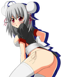  ahoge ass blush bun_cover double_bun female grey_hair hair_bun original red_eyes ribbon sawa_(snack_yoshie) short_hair solo thighhighs yoshie_(sawa) 