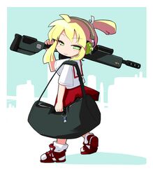  bag blonde_hair commentary_request duffel_bag ear_protection female gun hat iris_(material_sniper) material_sniper over_shoulder rifle solo squinting ugif weapon weapon_over_shoulder 