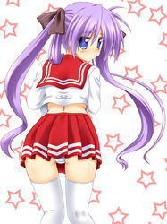  ass blue_eyes blush commentary_request female from_behind hair_ribbon highres hiiragi_kagami kneepits lask long_hair looking_back lucky_star midriff panties pantyshot pleated_skirt purple_hair ribbon ryouou_school_uniform school_uniform serafuku skirt solo star_(symbol) striped_clothes striped_panties thighhighs tsurime twintails underwear upskirt white_thighhighs 