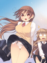  2girls ^^^ ahoge arima_senka arima_senne bad_id bad_pixiv_id blonde_hair brown_hair clothes_lift glasses highres kashiwamochi_yomogi lace long_hair multiple_girls necktie open_mouth original panties photoshop_(medium) red_eyes school_uniform skirt skirt_lift surprised tareme underwear upskirt white_panties wind wind_lift 