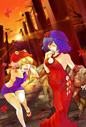  2girls alternate_costume bad_id bad_pixiv_id contemporary dress hair_ornament highres leaf_hair_ornament moriya_suwako multiple_girls photoshop_(medium) thighhighs touhou yasaka_kanako zanunoneko 