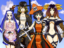  4girls anchor bare_shoulders black_hair blonde_hair blue_eyes blue_hair bow bracelet breasts bridget bridget_(guilty_gear)_(cosplay) choker cleavage cloud commentary_request cosplay dizzy_(guilty_gear) dizzy_(guilty_gear)_(cosplay) gradient_hair green_eyes guilty_gear guilty_gear_xx habit hat hijiri_byakuren hood jewelry johnny_(guilty_gear) johnny_(guilty_gear)_(cosplay) kumoi_ichirin large_breasts long_hair looking_at_viewer mamedenchi may_(guilty_gear) may_(guilty_gear)_(cosplay) midriff multicolored_hair multiple_girls murasa_minamitsu navel nun orange_hat orange_shirt pirate pointing sarashi shirt short_hair skull_and_crossbones sword thighhighs toramaru_shou touhou unzan weapon weapon_connection yellow_eyes 