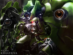  3d a_mituhashi chibi commentary_request gundam gundam_unicorn hangar kshatriya mecha no_humans photoshop_(medium) robot solo 