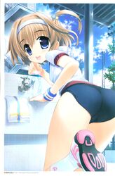  absurdres ass blue_buruma blue_eyes brown_hair buruma faucet female fujima_takuya gym_uniform hairband highres looking_back megami_magazine megami_magazine_creators open_mouth original scan shoes side_ponytail smile sneakers socks solo standing standing_on_one_leg white_socks 