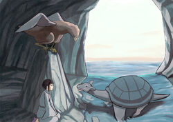  alice_(alice_in_wonderland) alice_in_wonderland bad_id bad_pixiv_id black_hair cave creature female full_body griffin mock_turtle outdoors rock shell shouhei sidelocks sitting water 