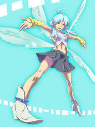  baariya blue_eyes blue_hair commentary_request female highres midriff muscular navel pixiv pixiv-tan solo wings 