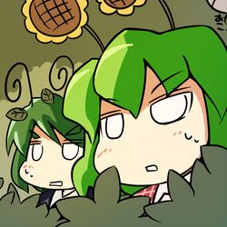  2girls antennae blush chibi commentary_request flower flower_on_head green_hair kazami_yuuka leaf multiple_girls plaid plaid_vest short_hair sunflower thick_eyebrows touhou ugif vest white_eyes wriggle_nightbug 