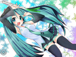  aqua_eyes aqua_hair blue_hair detached_sleeves duplicate female green_eyes hatsune_miku hubrael long_hair skirt solo thighhighs twintails very_long_hair vocaloid zettai_ryouiki 