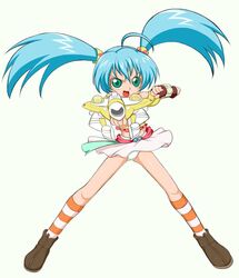  ahoge aqua_hair bakugan_battle_brawlers blue_hair female fingerless_gloves gloves green_eyes hair_ornament kuromitsu_(kurono) long_hair misaki_runo panties smile socks solo source_request striped_clothes striped_socks twintails underwear 