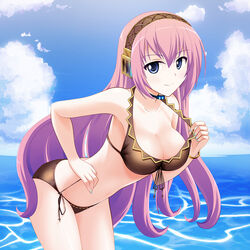  bent_over bikini blue_eyes breasts cleavage commentary_request day female front-tie_top hyokkori_tamago large_breasts leaning_forward long_hair looking_at_viewer megurine_luka pink_hair project_diva project_diva_(series) side-tie_bikini_bottom solo swimsuit swimwear_(module) vocaloid 