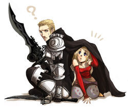  1boy ? ^^^ armor bad_id bad_pixiv_id blonde_hair blush cape couple dissidia_final_fantasy elbow_gloves female final_fantasy final_fantasy_vi final_fantasy_xii gabranth_(ff12) gloves height_difference itanji long_hair pantyhose purple_eyes straight sweatdrop sword terra_branford weapon 