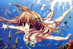  :d absurdres air_bubble ass bare_arms bare_legs bare_shoulders barefoot bikini blush bracelet bubble caustics clownfish female fish freediving green_eyes hair_ornament hair_ribbon hairclip hairpin heart heart_hair_ornament highres hoshizora_e_kakaru_hashi jewelry kneepits light_brown_hair light_rays long_hair looking_at_viewer moorish_idol nakatsugawa_ui open_mouth outdoors photoshop_(medium) ribbon ryouka_(suzuya) scan seashell_bracelet smile solo spread_fingers sunbeam sunlight swimming swimsuit tropical_fish underwater unmoving_pattern white_bikini 