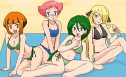  4girls bandages bandaid barefoot beach bikini blush breasts cheryl_(pokemon) cleavage cynthia_(pokemon) duplicate food gardenia_(pokemon) hair_over_one_eye ice_cream kuro_hopper large_breasts maylene_(pokemon) medium_breasts midriff multiple_girls navel nintendo oekaki pixel-perfect_duplicate pixel_art pokemon pokemon_dppt small_breasts swimsuit 