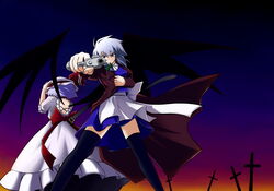  2girls bat_wings blue_eyes commentary_request grey_hair gun hat horikawakyo izayoi_sakuya light_purple_hair maid multiple_girls remilia_scarlet short_hair thighhighs touhou weapon wings 