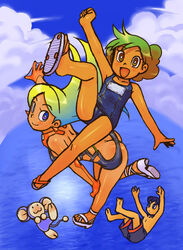  1boy 2girls barefoot chinpui chinpui_(chinpui) cloud commentary_request dalursa day flying kasuga_eri multiple_girls one-piece_swimsuit photoshop_(medium) ramb_chop sandals school_swimsuit sky summer swimsuit uchiki_ichirou 