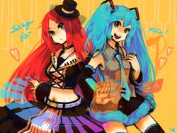  1boy aqua_hair bad_id bad_pixiv_id boots breasts choker crossover dress female gothic_lolita green_eyes hashibiro hat hatsune_miku headphones headset lolita_fashion long_hair male_with_breasts nail_polish namine_ritsu navel necktie otoko_no_ko red_hair small_breasts tattoo thighhighs twintails utau veil very_long_hair vocaloid 