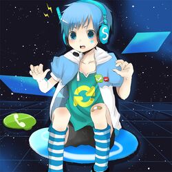  1boy bad_id bad_pixiv_id bandaid bandaid_on_knee bandaid_on_leg black_shorts blue_eyes blue_hair hagino_makoto headphones lightning_bolt_symbol male_focus shorts single_letter skype skype-tan socks solo space star_(symbol) striped_clothes striped_socks 