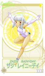  absurdres angel barefoot card_(medium) commentary_request dark-skinned_female dark_skin elbow_gloves facial_mark fake_halo female gloves halo highres hoshikawa_tsukimi leotard mahou_sensei_negima! outstretched_arms pactio red_eyes short_hair sidelocks solo spread_arms white_hair wings zazie_rainyday 