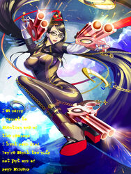  amulet ankle_gun bad_id bad_pixiv_id bat_(animal) bayonetta bayonetta_(series) bayonetta_1 black_hair bodysuit breasts cleavage cleavage_cutout clothing_cutout earrings english_text engrish_text female glasses gun hair_ribbon handgun high_heels highres jewelry large_breasts long_hair mole mole_under_mouth moon photoshop_(medium) quadruple_wielding ranguage ribbon shin&#039;ya_(midnight_rain) shoes solo text_focus very_long_hair weapon yellow_eyes 