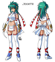  annet_myer armlet bow character_name crop_top detached_sleeves el_viento elbow_gloves female gloves green_hair incan jilpoong17 loincloth long_hair midriff multiple_views navel peruvian photoshop_(medium) ribbon socks thighhighs turnaround white_background white_socks 