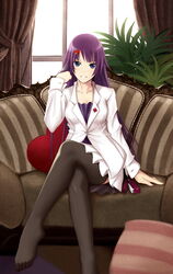  absurdres adjusting_hair bakemonogatari black_thighhighs blue_eyes commentary_request couch crossed_legs curtains feet female hair_ornament hairclip highres illusionk lace lace-trimmed_legwear lace_trim legs long_hair monogatari_(series) pleated_skirt purple_hair senjougahara_hitagi sitting skirt solo stapler thighhighs thighs window 