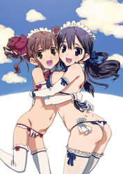  2girls ass asymmetrical_docking blue_eyes blue_hair bra breast_press breasts brown_eyes brown_hair commentary_request elbow_gloves gloves hair_ribbon hirose_(mokiki) large_breasts lingerie multiple_girls open_mouth original panties partial_commentary ribbon standing thighhighs thong twintails underwear underwear_only white_gloves 