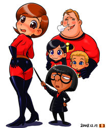  2boys 3girls :3 animification ass blunt_bangs blunt_ends bob_cut bob_parr bodysuit boots brown_eyes brown_hair commentary_request costume dash_parr dated edna_mode elastigirl elbow_gloves family father_and_daughter father_and_son gloves height_difference helen_parr husband_and_wife latex latex_gloves mature_female mature_male mochi-iri_kinchaku mother_and_daughter mother_and_son mr._incredible multiple_boys multiple_girls short_hair simple_background skin_tight the_incredibles thigh_boots thighhighs violet_parr white_background 