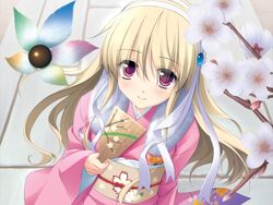  blonde_hair blush clarissa_satsuki_maezono female flower furisode game_cg hagoita hair_ribbon honeycoming_royalsweet japanese_clothes kimono long_hair matsushita_makako outdoors paddle pink_eyes pink_kimono ribbon smile solo very_long_hair 