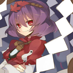  commentary_request female hair_ornament hanepochi leaf_hair_ornament purple_hair red_eyes short_hair solo touhou yasaka_kanako 