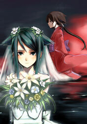  2girls bouquet bridal_veil bride brown_hair commentary_request dress flower green_eyes green_hair hair_flower hair_ornament japanese_clothes kimono kurame kusari_hime:_euthanasia long_hair looking_at_viewer multiple_girls obi photoshop_(medium) ponytail red_eyes sash saya_(saya_no_uta) saya_no_uta takenaka_hideo veil wedding_dress 