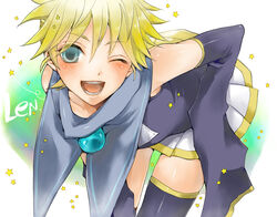  1boy aqua_eyes blonde_hair blue_eyes colorized commentary_request crossdressing detached_sleeves hakuseki highres kagamine_len kagamine_len_no_bousou_(vocaloid) male_focus manao one-piece_swimsuit one_eye_closed open_mouth otoko_no_ko school_swimsuit skirt smile solo swimsuit swimsuit_costume thighhighs vocaloid 