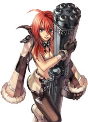  ahoge breasts cleavage dark-skinned_female dark_skin female gatling_gun gun gunslinger_(ragnarok_online) holding holding_gun holding_weapon huge_weapon jacket jacket_on_shoulders long_hair medium_breasts myung-jin_lee official_art ragnarok_online red_hair solo transparent_background weapon wool 