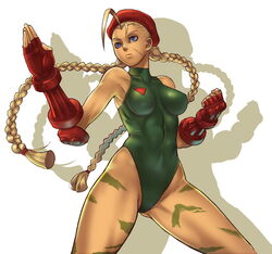  abs beret blonde_hair blue_eyes bodypaint braid breasts cammy_white camouflage commentary female fighting_stance fingerless_gloves garrison_cap gloves green_leotard hat large_breasts legs leotard long_hair medium_breasts muscular scar scar_on_cheek scar_on_face sethxzoe solo street_fighter street_fighter_iv_(series) twin_braids twintails wide_hips 