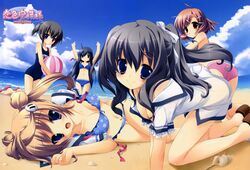  5girls absurdres beach bikini bikini_under_clothes breasts cleavage day dog_hair_ornament hair_ornament hairclip hattori_aya highres itou_mikoto kanou_kayoko koiiro_soramoyou lucie medium_breasts multiple_girls no_pants one-piece_swimsuit open_clothes open_shirt outdoors polka_dot polka_dot_bikini polka_dot_swimsuit school_swimsuit school_uniform shinohara_sera shirt swimsuit swimsuit_under_clothes utsumi_shizuna 