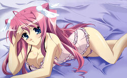  absurdres bed_sheet blue_eyes blush breasts cleavage cone_hair_bun detexted feathers female hair_bun highres hiratsuka_tomoya imageboard_desourced koihime_musou large_breasts lingerie long_hair non-web_source official_art panties photoshop_(medium) pink_hair ryuubi see-through side-tie_panties solo third-party_edit underwear very_long_hair 