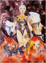  1990s_(style) 5boys 5girls amy_(macross) annotated black_hair blonde_hair brown_hair everyone facial_mark forehead_mark gloves ishtar_(macross) kanzaki_hibiki leotard long_hair lord_emperor_ingues lord_feff macross macross_2 mardook mash_(macross) mikimoto_haruhiko military military_uniform multicolored_hair multiple_boys multiple_girls natasha_(macross) nexx_gilbert official_art open_mouth orange_hair ponytail retro_artstyle salute saori_(macross) short_hair silver_hair space sylvie_gena turtleneck two-tone_hair u.n._spacy uniform white_hair 