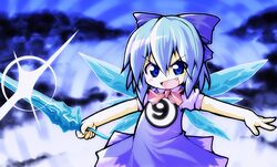  blue_eyes blue_hair bow circled_9 cirno commentary_request crystal_sword female hairbow ice meta&#039;36 oerba_yun_fang outstretched_arms short_hair solo spread_arms sword touhou weapon wings 